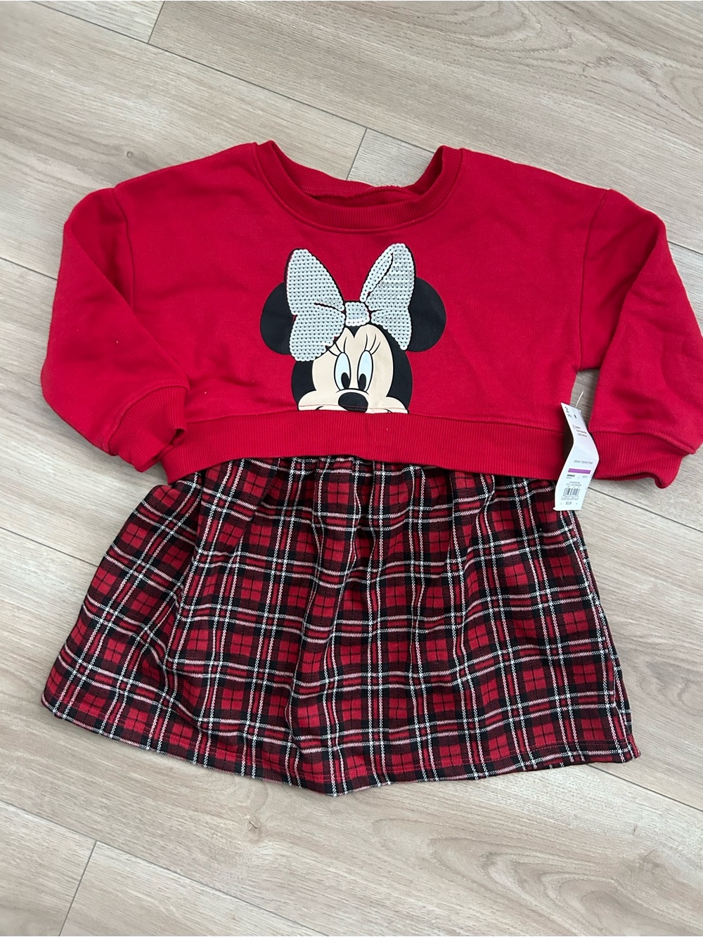 Minnie Mouse Red Cropped Sweatshirt Dress with Plaid Skirt - Picture 2 of 4